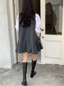 DAZY 女士纯色休闲校园风长连衣裙，韩版时尚，秋冬夏季女装 - 灰色 - 查看 6