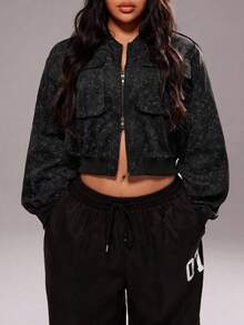 Rustia Chaqueta de manga larga con cuello acanalado, bolsillo 3D, cierre frontal con cremallera de metal para tallas grandes - Negro - Ver 3