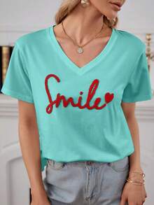 SHEIN Cottnline Cotton Heart & Letter Pattern Drop Shoulder Tee , Summer Vacation Top - Mint Blue - View 3
