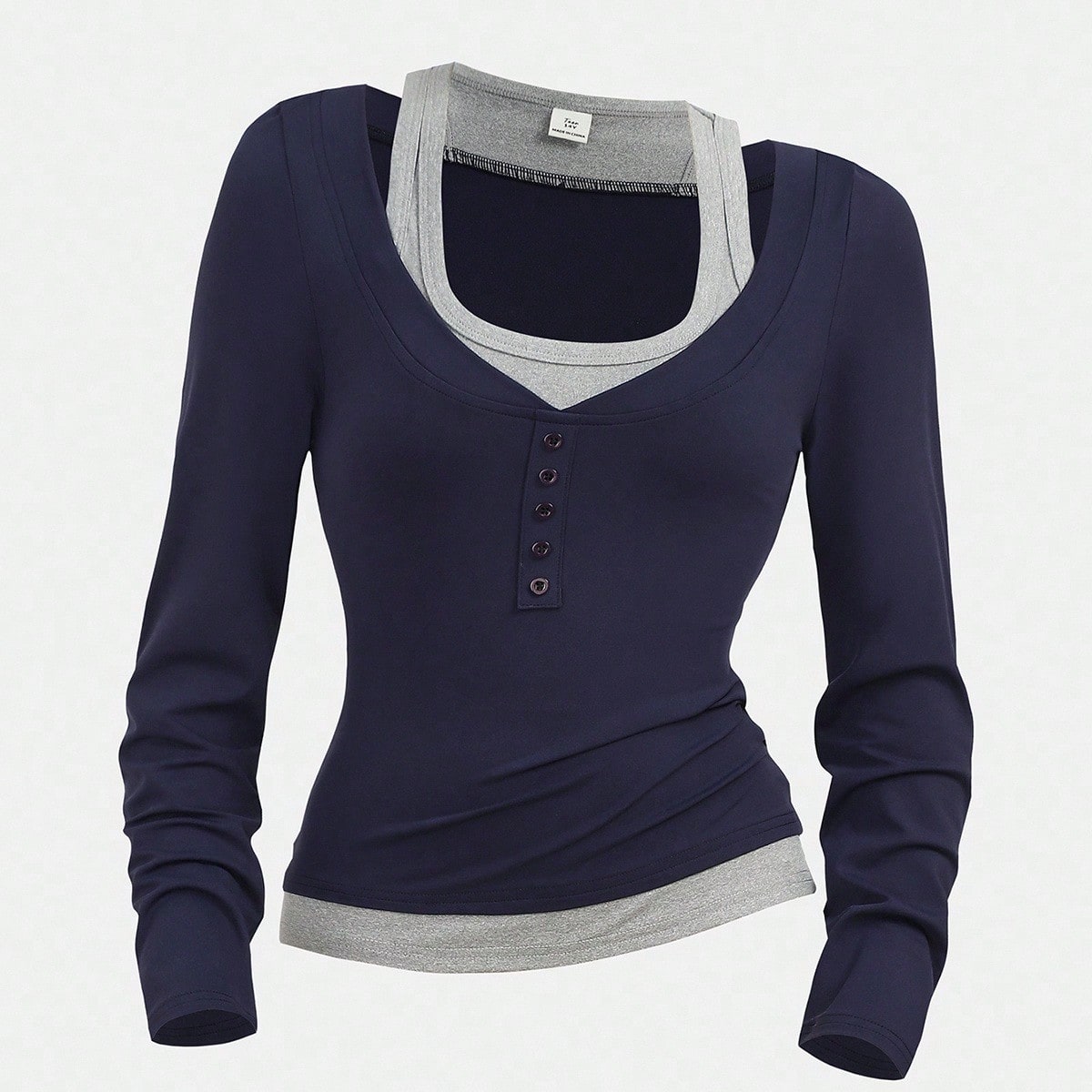 Camiseta de manga larga de estilo casual con diseño de parches de colores en bloque, silueta ajustada, para adolescentes y mujeres, color azul marino