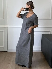 DAZY Grey Loose Casual Long Short Sleeve Sweater Dress For Women, Autumn/Winter Summer Women Dresses Sundress Maxi Dress - Grey - View 5