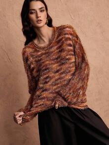 SHEIN Unity Fashionable Colorful Striped Crew Neck Fuzzy Long Sleeve Sweater - Multicolor - View 4