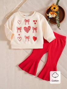 SHEIN Playful Pals 女婴万圣节印花罗纹喇叭裤 2 件套，秋季 - 紅色 - 查看 2