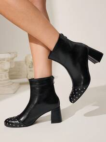 CUCCOO CHICEST Winter New Black Pointed Toe Rivet Side Zipper Chunky Heel Suede Ankle Boots & Ankle Boots For Women - Black - View 5