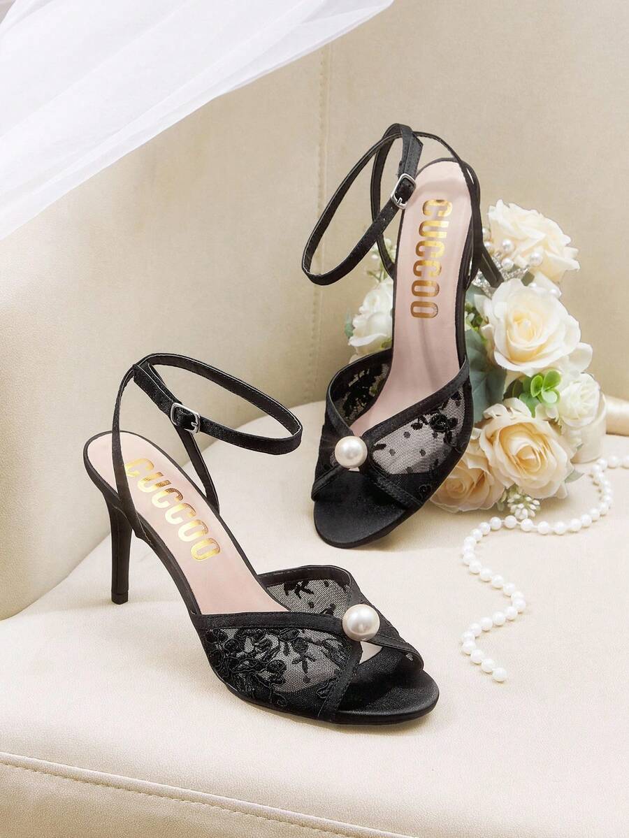 CUCCOO HITCHD Giày cao gót hở mũi ren lưới màu đen thanh lịch dự tiệc cưới cho nữ - màu đen - Xem 1