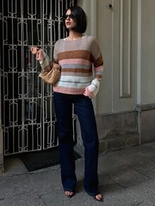 DAZY Loose Striped Crew Neck Long Sleeve Casual Sweater For Women, Spring/Autumn