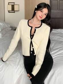 DAZY 2 件女式撞色吊带背心开衫套装，秋季 - 米色 - 查看 9