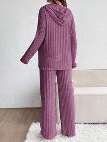 SHEIN 2pcs Maternity Solid Color Long Sleeve Hooded Top And Pants Set, Autumn 2 Pieces Maternity Set 2 Pieces Lounge Sets Woman Pregnancy Clothes Knitted Two Pieces Outfit Maternity Clothes Two Pieces Suits - Pink - View 2