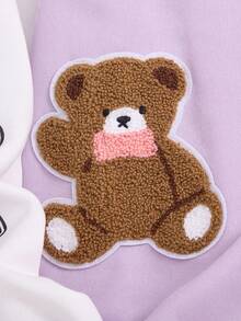 SHEIN Explorewe 1 件青少年女孩甜美浅紫色撞色袖熊补丁字母印花棒球夹克，常规厚度，休闲，秋季 - 紫色 - 查看 4