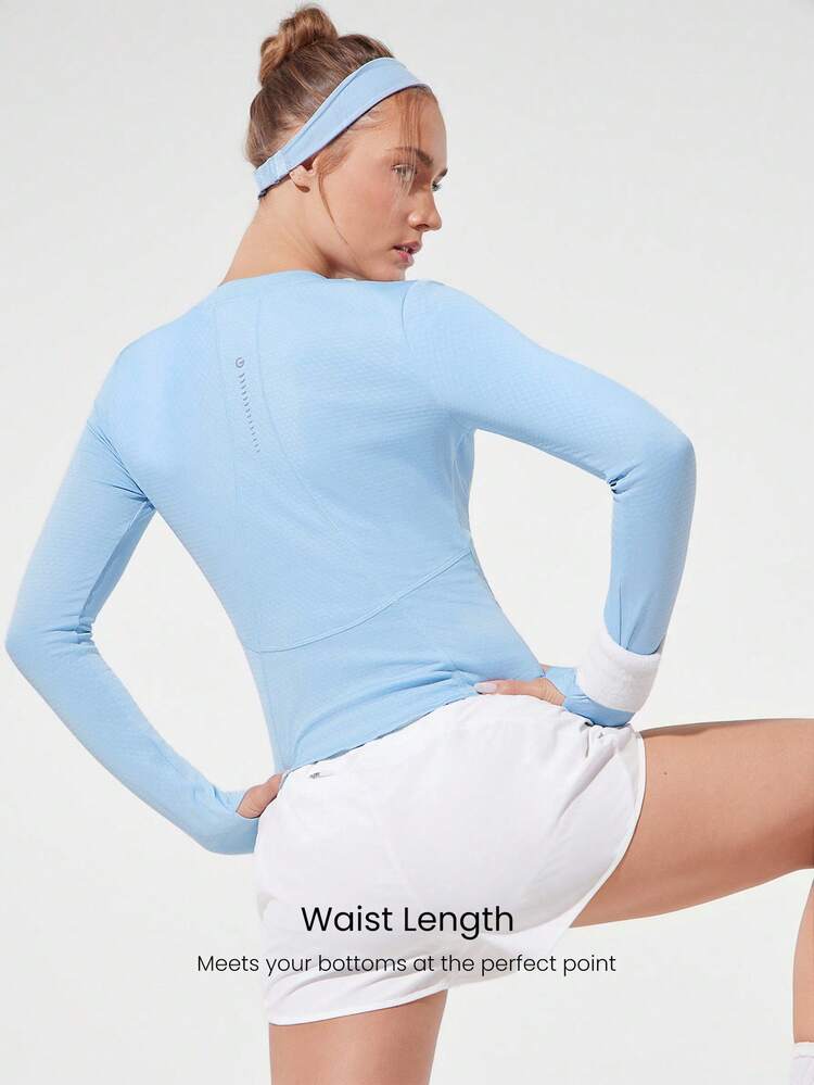 Elevate Your Energy Comfy Warm Reflective Logo Square Collar Waist Length Knit Long-Sleeve Top With Thumbholes Running Jogging Hiking Gym Training Daily Active Wear