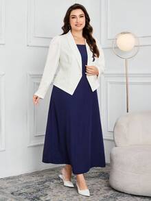 Modelyn 大码女式秋季贴花装饰泡泡袖夹克和吊带裙优雅套装 - 彩色 - 查看 6