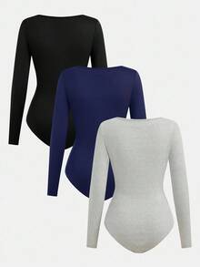 SHEIN Girlism 3pcs/Set Teen Girls' Black, Gray, Navy Crew Neck Solid Color Long Sleeve Snap Front Jumpsuit Romper Outfit, Buy 1 Get 2 Free Fall Winter - Navy Blue - View 2