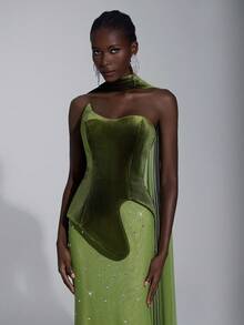 Elitara 优雅奢华军绿色天鹅绒面料重工装饰不对称领口亮片鱼尾裙，女士正式晚礼服 - 軍綠色 - 查看 2