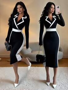 Elenzga Elegancka, kontrastowa sukienka damska z kołnierzykiem i dopasowanym do ciała długim rękawem, mała czarna, jesień/zima