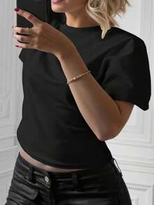 INAWLY 大码女式纯色圆领蝙蝠袖短袖休闲T恤 - 黑色 - 查看 4