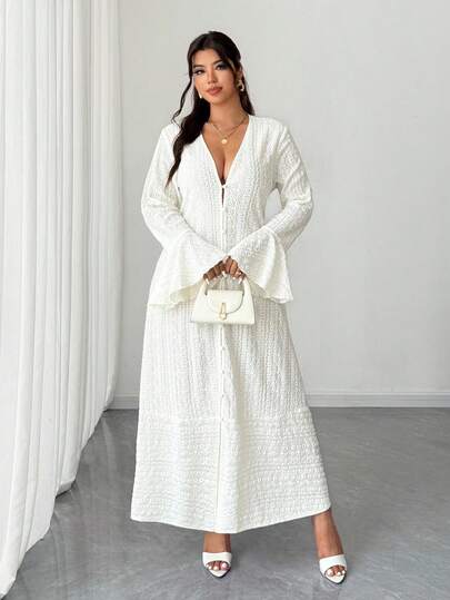 Elenzga 大码优雅通勤纯色纹理喇叭袖长夹克