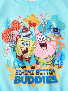 SpongeBob SquarePants | SHEIN 年轻女孩休闲户外卡通图案圆领长袖宽松针织卫衣，秋冬 - 薄荷藍 - 查看 5