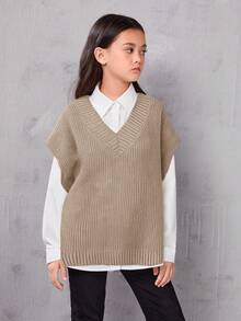 SHEIN Tween Girl Casual Loose Solid Color Oversized V-Neck Mid-Length Sweater Vest Sweater Vest For Girls Brown Sweater Vest For Girls,In Fall/Winter Girls Sweater Vest Kids Sweater Vest V Neck Sweater Vest Kids Teen Girl Sweater Vest - Khaki - View 7