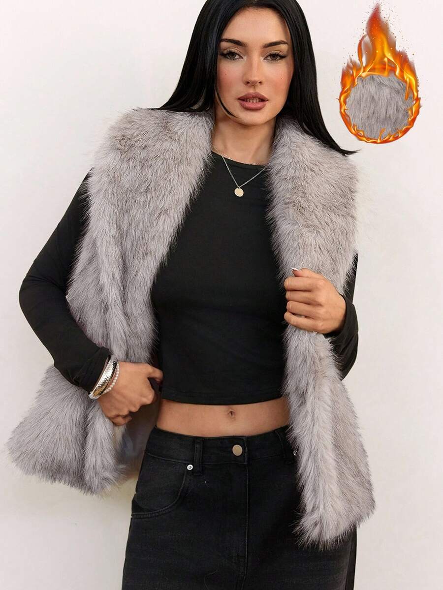 SHEIN Tall 女士纯色优雅通勤无袖仿皮草夹克，秋冬 - 卡其色 - 查看 1