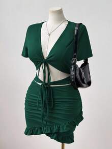 Sunspun 大码女式纯色性感V领系带褶饰腰部镂空紧身连衣裙 - 綠色 - 查看 3