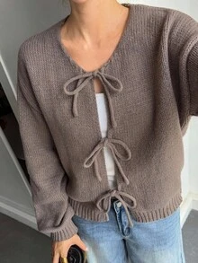 Livesso Áo len nữ buộc dây trang trí thường ngày mùa thu - Volcanic Gray - Xem 5