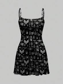 ROMWE Spring/Summer Graphic Flower Black Gothic Dark Skull, Moth, Bat, Spider Mini Dress For Women, Halloween - Black - View 5
