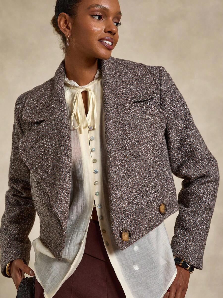 Bóhologie Blazer court en tweed pour femmes avec larges revers et fermeture à double bouton, veste extérieure classique et élégante en tweed pour femmes, veste marron pour femmes, blazers pour femmes, blazer en tweed pour femmes, veste de costume pour femmes - Tabac - Voir 1