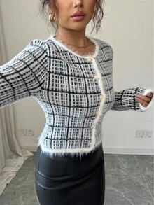 Elenzga Cardigan feminino elegante e romântico xadrez, gola redonda, manga comprida - Multicolorido - Ver 6