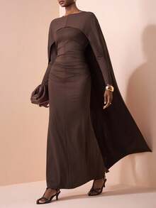 Zivah Novo Lançamento de Verão e Outono 2025, Adequado para Festa de Aniversário, Volta às Aulas, Estilo de Campus, Uso Diário, Casual, Cruzeiro, Praia, Banho de Sol, Moda, Streetwear, Elegante, Transporte, Casual Business, Festa, Banquete, Gola Alta de Manga Longa, Capa Xale, Cintura Franzida Oversized, Fenda Nas Costas, Vestido Longo Marrom de Outono Extra Longo, Vestido Feminino - Castanho - Visão 9