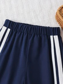 SHEIN Girls Everyday Casual Navy Blue Long Pants With Straight Leg And White Striped Tape Detail Fall Winter - Navy Blue - View 5