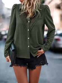 SHEIN LUNE Swiss Dot Guipure Lace Insert Puff Sleeve Shirt,Long Sleeve Tops Fall Cloth For Women - Army Green - View 3
