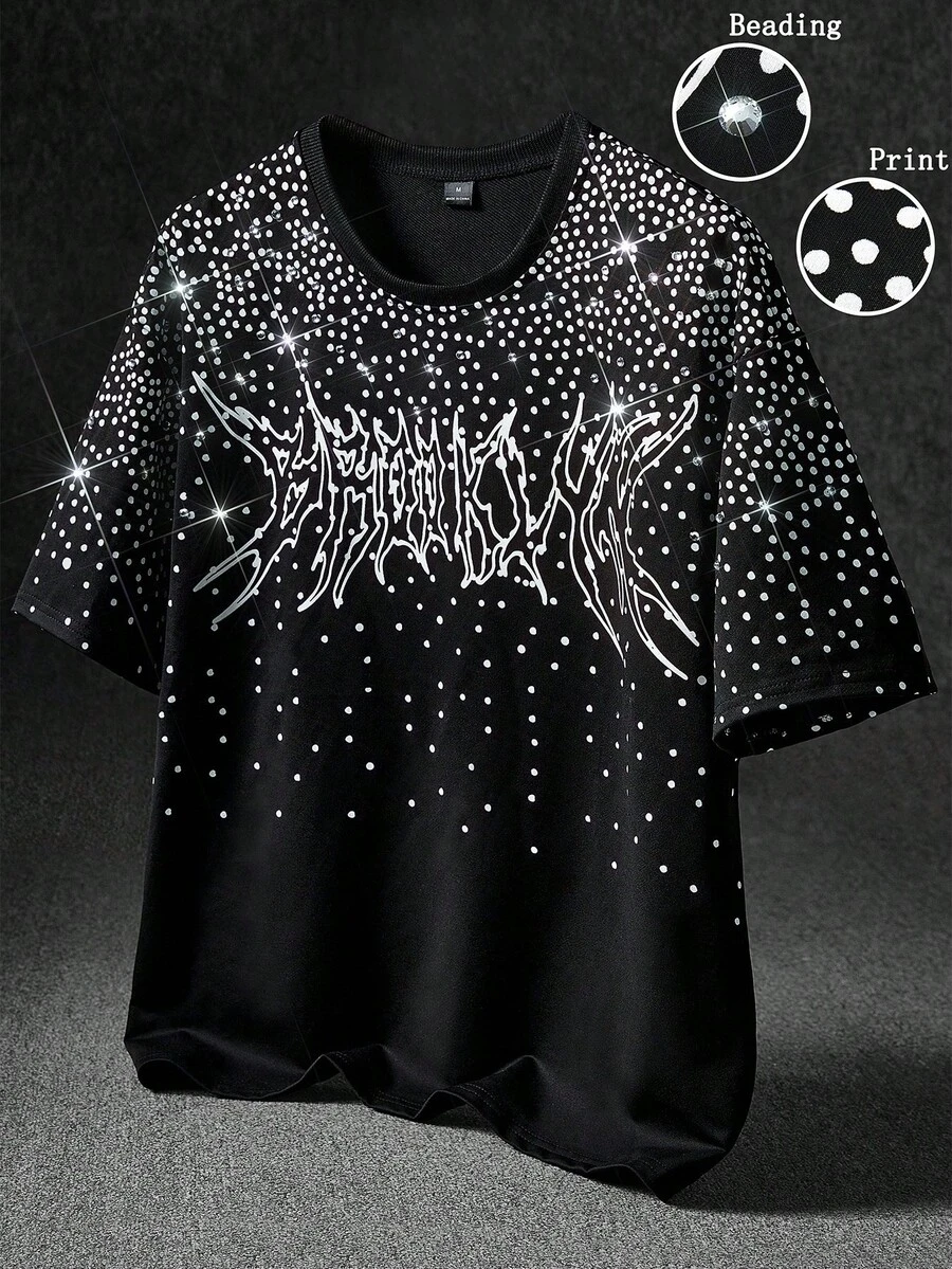 Manfinity EMRG Áo thun nam in họa tiết đường phố phong cách đường phố phổ biến INS Matched Rhinestone Glue Craft Starry Night Dark, thích hợp cho lễ hội âm nhạc ngoài trời, hộp đêm, quà tặng bạn trai/chồng, quà kỷ niệm - màu đen - Xem 1