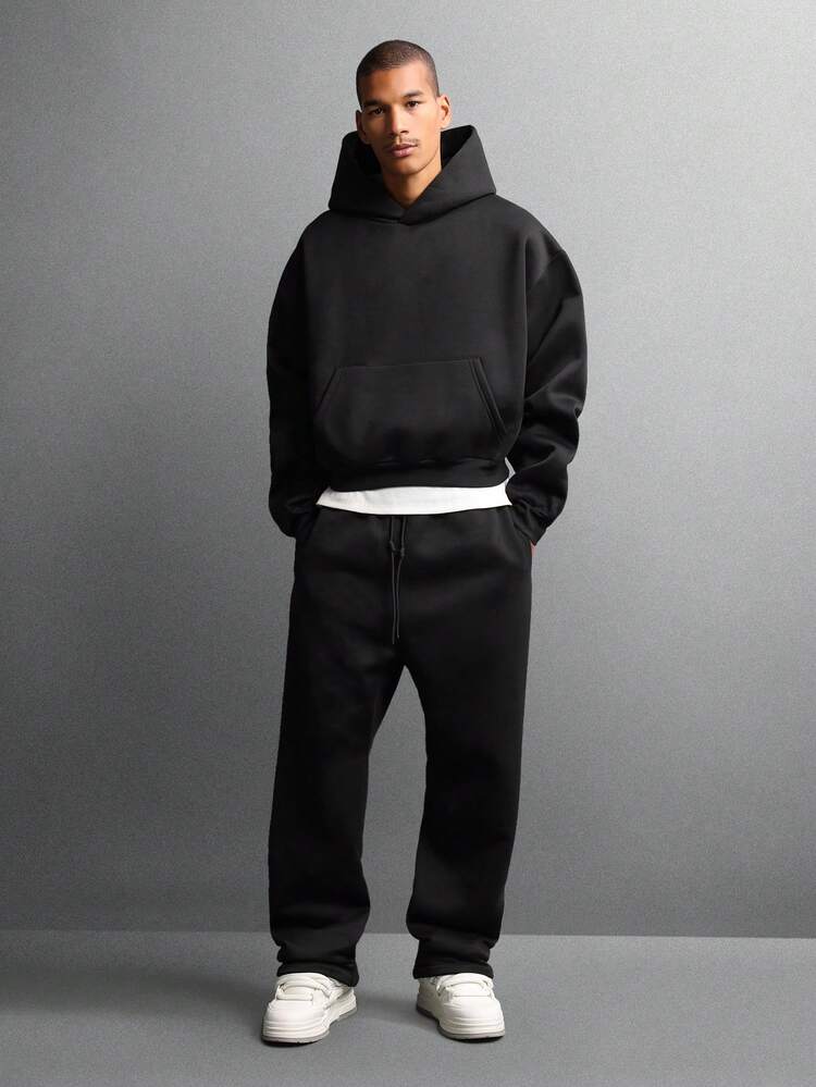 Script Print Pullover Hoodie With Centre Pocket