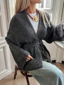 Livesso Grey Loose Casual Wrap Style Cardigan For Women, Autumn/Winter - Grey - View 4
