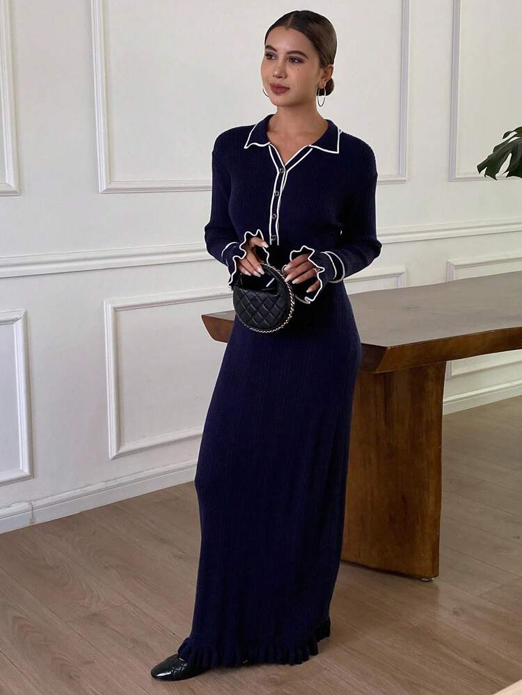 Women's Elegant Button Half-Placket Long Sleeve Knitted Dress, Autumn/Winter Sweater Dress