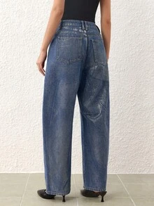 SHEIN Frenchy Damen Jeans mit Metallic-Effekt, locker geschnitten, Lässig, Tapered Bein - Blau - Übersicht 4