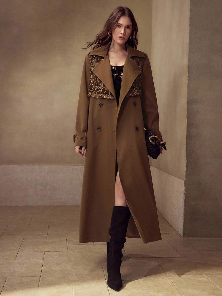 AUTUMN/WINTER NEW BROWN PATCHWORK VELVET EMBROIDERED TURNDOWN COLLAR LOOSE RETRO FASHION TRENCH COAT FOR WOMEN