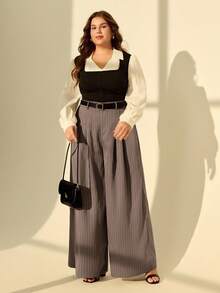 SHEIN MOD Pantalones de traje versátiles de talle grande para mujer, de pierna recta, aptos para uso casual/formal, para trabajo, uso diario, otoño/invierno - Gris - Ver 7
