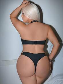 SHEIN 2pcs Plus Size Hollow Out Halter Bra Set, Halloween - Black - View 2