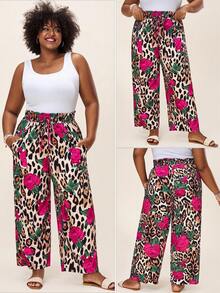 SHEIN LUNE Pantalones casuales de talla grande para mujer con estampado de leopardo y floral, de cintura alta y sueltos, para el verano. Pantalones casuales, pantalones para salir de "Old Money" - Multicolor - Ver 2