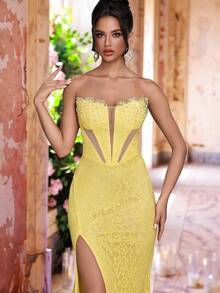 Glamrae فستان رسمي بتصميم خصر مزين بخصر سميك وذيل سمكة شفاف بتصميم بسترة من قماش فابريك أصفر فاتح فاخر