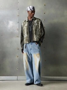 NEON BLANC Men's Fashionable Leopard Print Detroit Long Sleeve Jacket, For Fall Winter - Brown - View 1