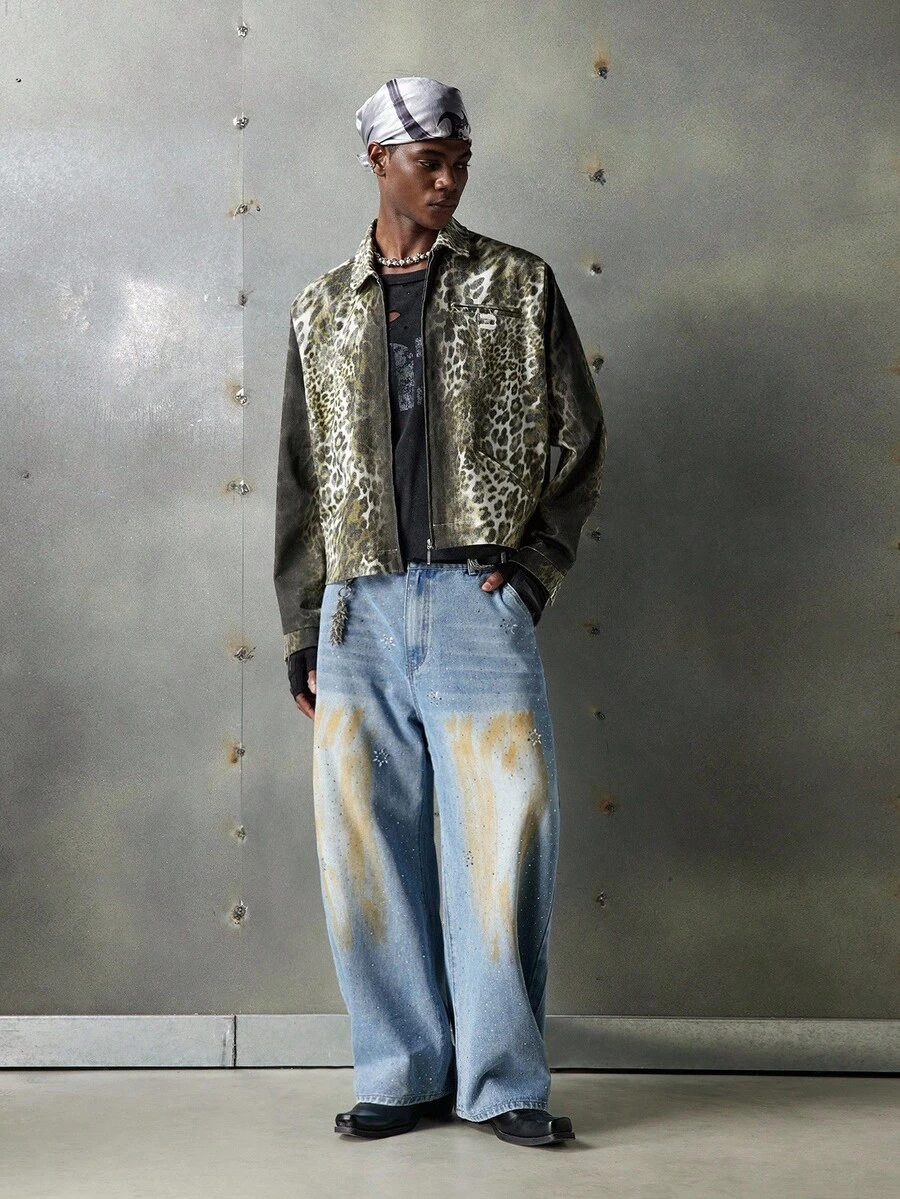 NEON BLANC Men's Fashionable Leopard Print Detroit Long Sleeve Jacket, For Fall Winter - Brown - View 1