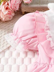 Souflis Souflis Vestido de dos piezas de encaje rosa con mangas abullonadas y gorro para niña pequeña, para uso diario y bodas, para primavera y verano - Multicolor - Ver 6