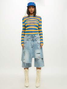 SUMWON WOMEN 蓝黄横纹条纹长袖上衣圆领套头衫 - 彩色 - 查看 5