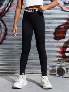 SHEIN Tween Girls' Letter Knit Waistband Casual Slim Fit Knit Pants Black Leggings - Black - View 5