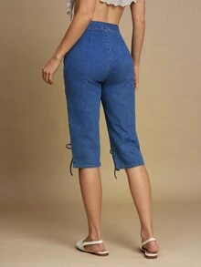 WESTFADE 中腰可爱蝴蝶结前开叉七分牛仔裤，适合女士西部风、秋季、冬季、波西米亚风、纳什维尔乡村音乐会 - 中等水洗藍 - 查看 2