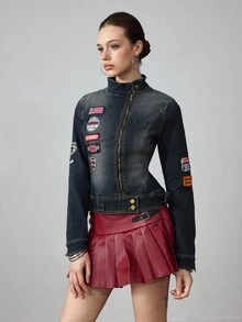 ROMWE Avant Vintage Distressed Retro Logo Denim Jacket And Coat For Women