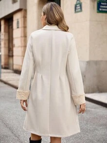 EMERY ROSE Lapel Neck Double Breasted Overcoat - Apricot - View 2
