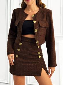 EURMUSE Women's Brown And Gold Tweed Skirt Suit Set With Buttons Vintage Business Casual Two Pieces Blazer And Mini Skirt Outfit Elegant Textured Jacket - Brown - View 3